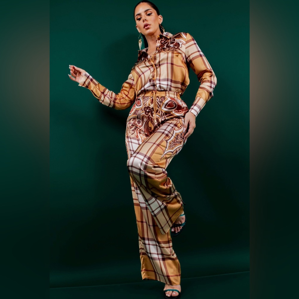 Coffee Plaid Pant Set - never worn